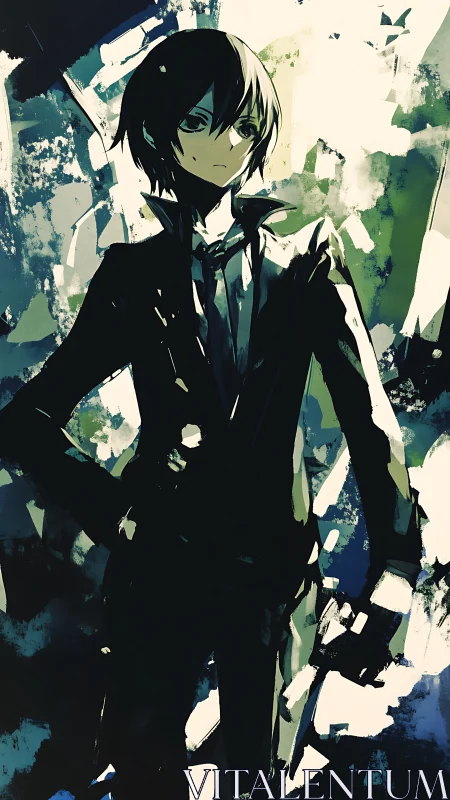 Stoic anime youth in dark suit amid abstract shards.