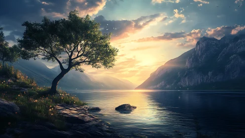 Sunlit mountain lake with lone tree and reflective water.