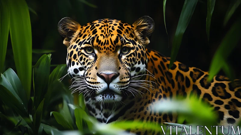 Macro portrait of alert jaguar in dense tropical foliage