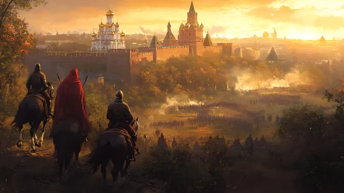 Crimson rider surveys sunlit fortress before gathering storm.