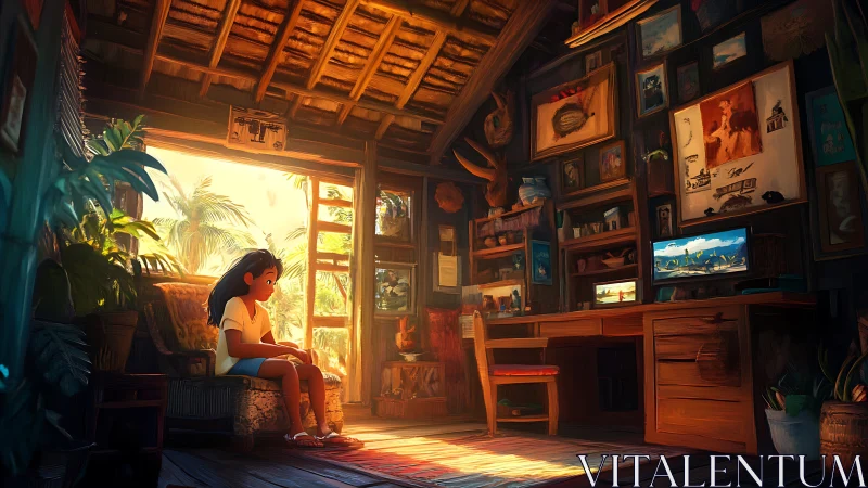 Digital painting of sunlit island studio interior with child.