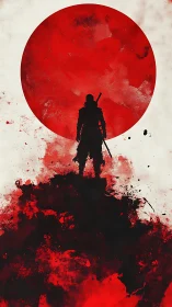 Silhouetted samurai against abstract crimson solar disc.