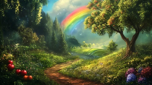 Lush river valley landscape under spectral arc and volumetric light