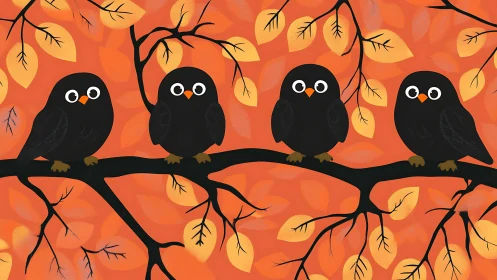 Four stylized black owls on branches with orange foliage.