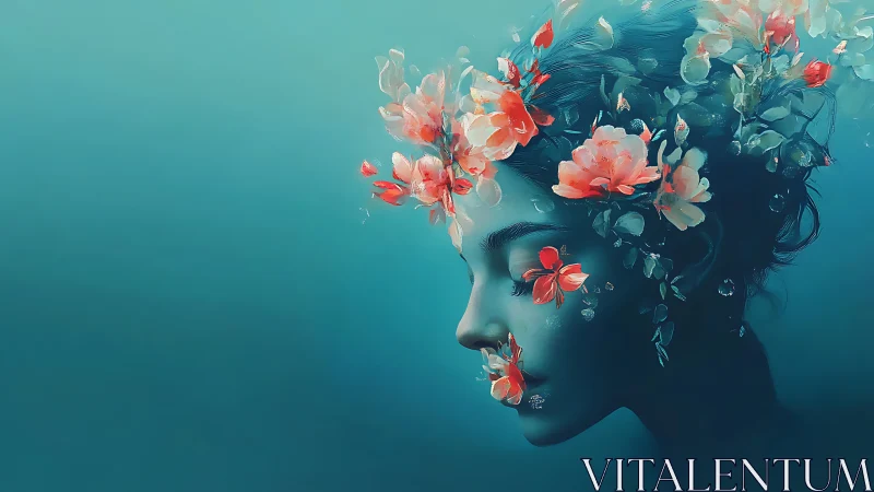 Digital painting of submerged floral portrait in teal field.