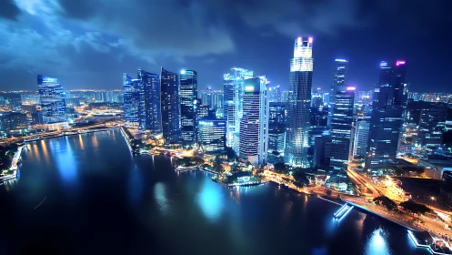 Neon riverfront skyline humming under electric midnight clouds.