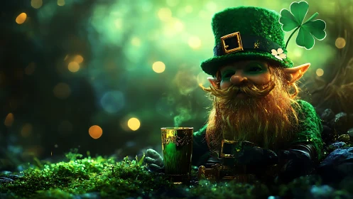 Whimsical leprechaun rests with glowing green drink in forest.