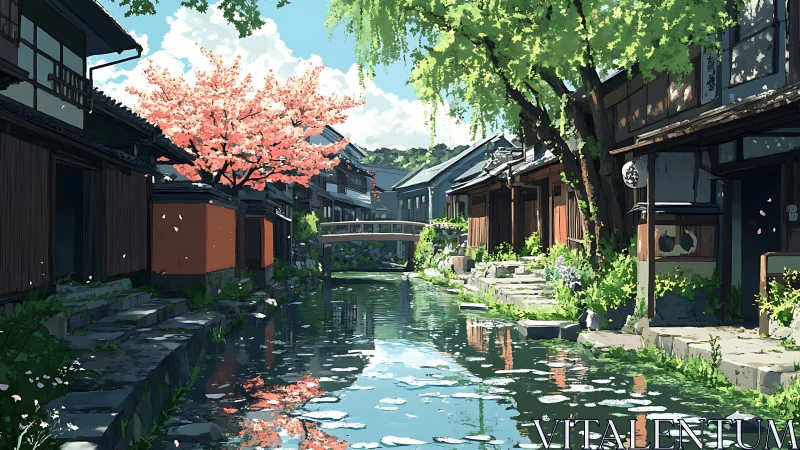 Serene canal village under spring blossom and soft sun.