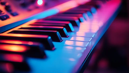 Synth keyboard keys under saturated magenta and cyan stage lighting