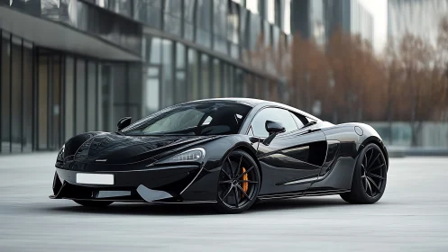 Black sports coupe is parked on a modern urban plaza