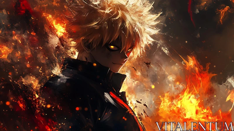 Anime character with spiky hair amid intense surrounding fire.