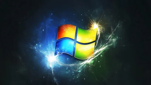 Shattered neon window emblem ignites a cosmic software storm.