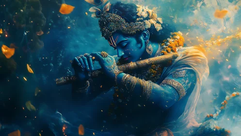 Blue-skinned deity playing flute in swirling golden petals