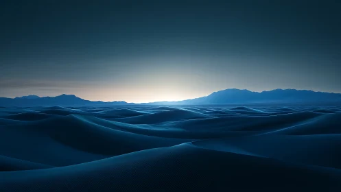 Midnight dunes glow softly beneath a distant rising sun