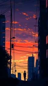 Urban silhouette walks beneath vivid sunset sky glow.