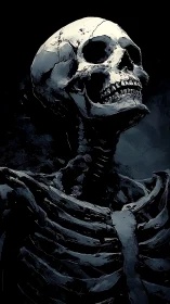 Lone human skeleton rendered in high-contrast digital study.