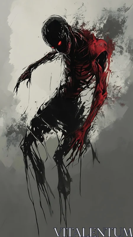 Shadowed red demon emerges in torn, abstract darkness.