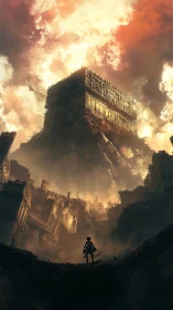 Lone warrior faces massive fortress above ruined cityscape.