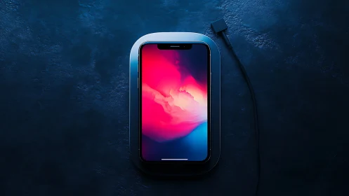 Premium smartphone with vibrant gradient display on textured blue surface