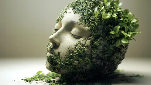 Earthy stone face sculpture overgrown with vivid foliage.