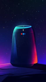 Stylized smart speaker device stands under a star field