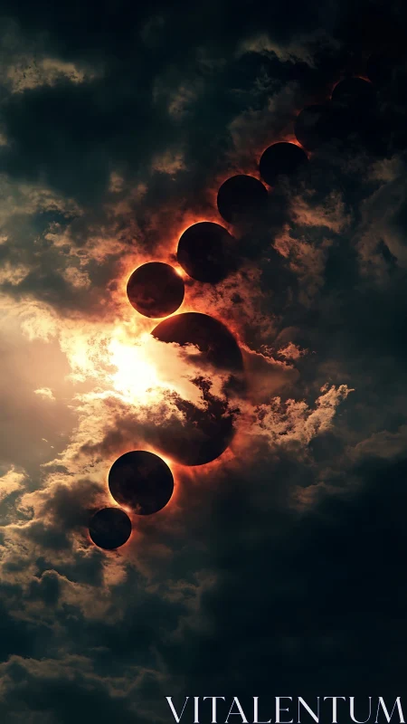 Sequential solar eclipse orbits through storm-laden sky