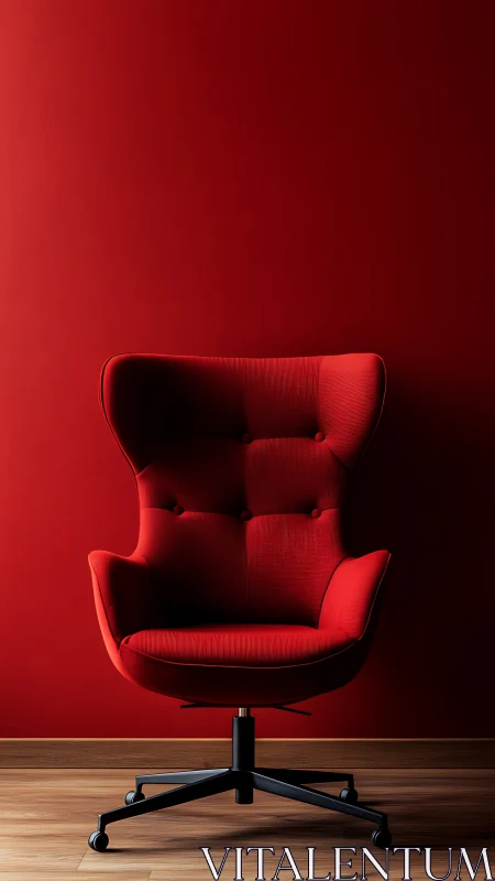 Red modern lounge chair against monochrome wall.