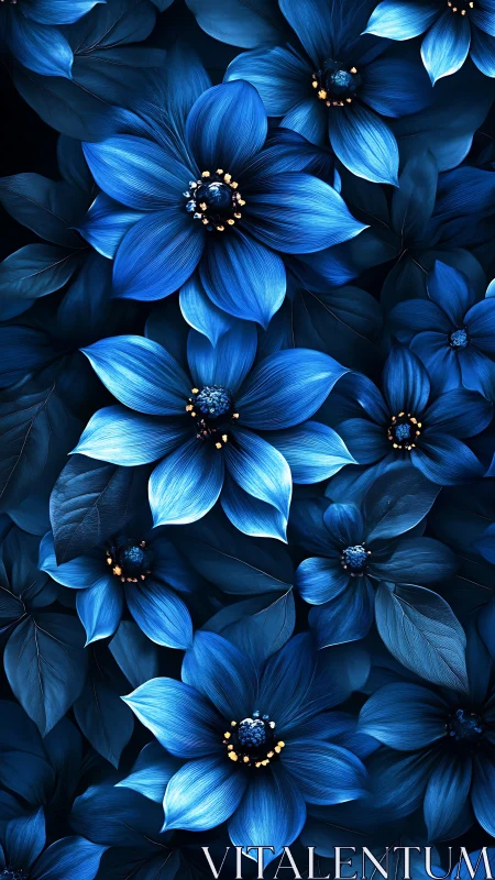 Midnight Petals: Luminous Blue Blooms Dance in Jeweled Shadows.