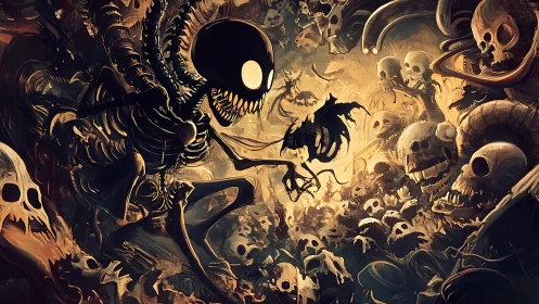 Skeletal alien lord over skull wasteland in infernal light.