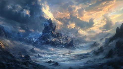 Digital painting of glacial spires under storm-lit sky.