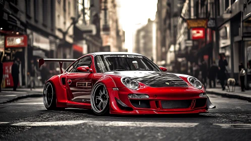 Red widebody sports car is parked on a wet urban street