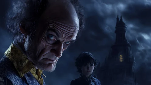 Stormy night guardians watching over a haunted tower.