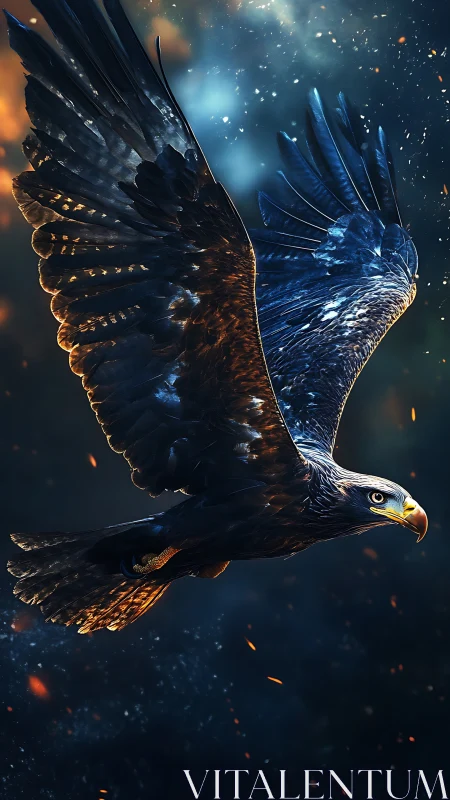 Dynamic raptor in cinematic low-key lighting cuts through embers