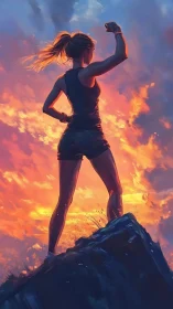 Sunlit runner claims mountain peak under blazing sky.