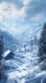 Snowy alpine valley with cabin under distant mountain peaks.