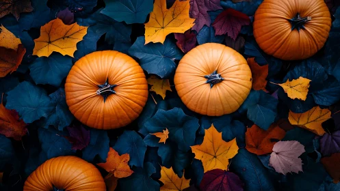 Pumpkins rest among jewel-toned autumn leaves in contrast.