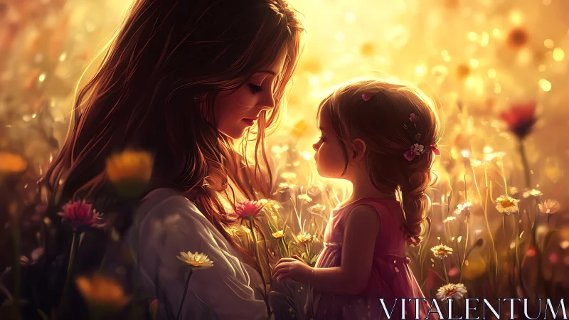 Golden meadow embrace between mother and daughter at dusk.