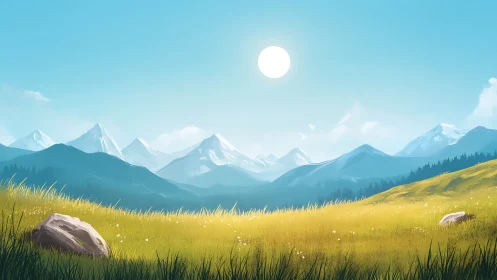 Sunlit mountain meadow invites a calm and gentle daydream
