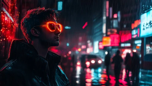 Neon city dreamer pausing in the rain soaked nightlife glow.