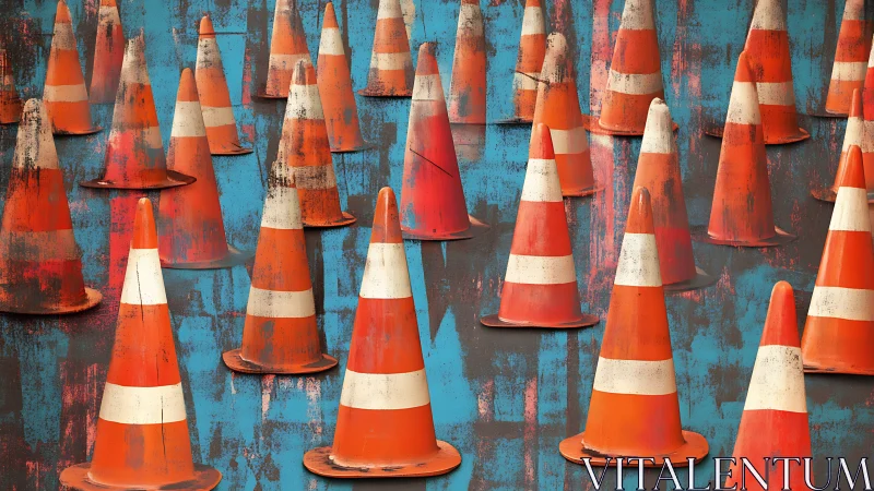 Bold orange traffic cones create a playful urban pattern