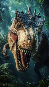 Predatory jungle titan lunges forward through misty ferns