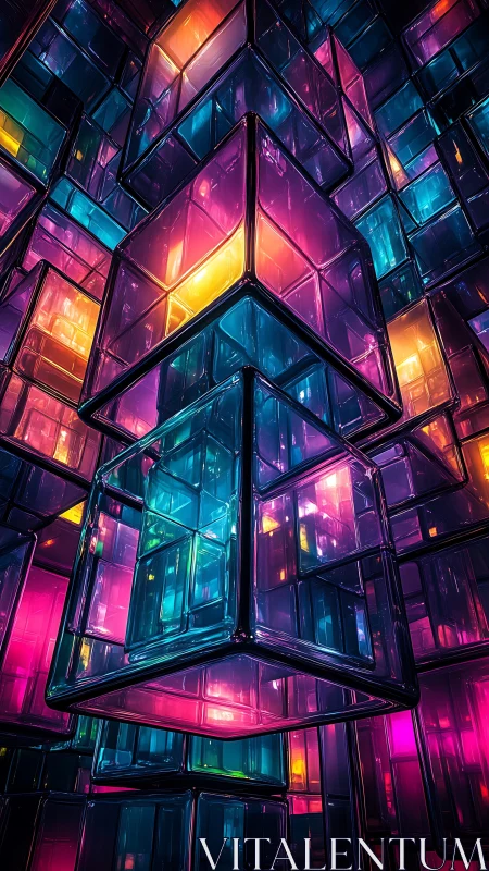 Volumetric glass cubes stack with emissive neon interior lighting