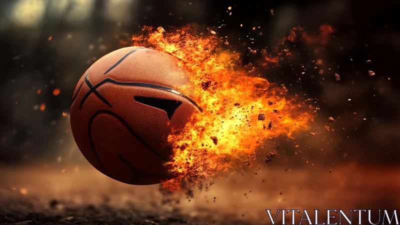 Exploding flaming basketball rendered in dynamic digital realism