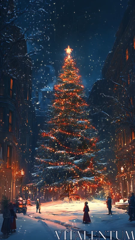 Snowlit city Christmas tree glowing with gentle winter magic.