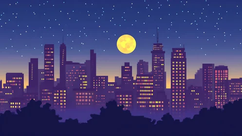 Moonlit city skyline glowing under a dreamy starry night.