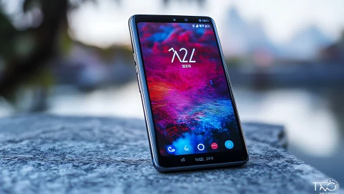 Android Smartphone with Vibrant Display on Stone Surface.