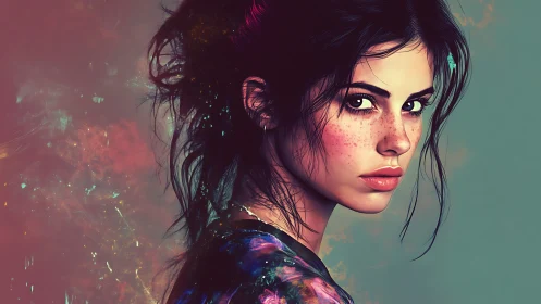 Freckled stargazer turns in nebula light and quiet fire.