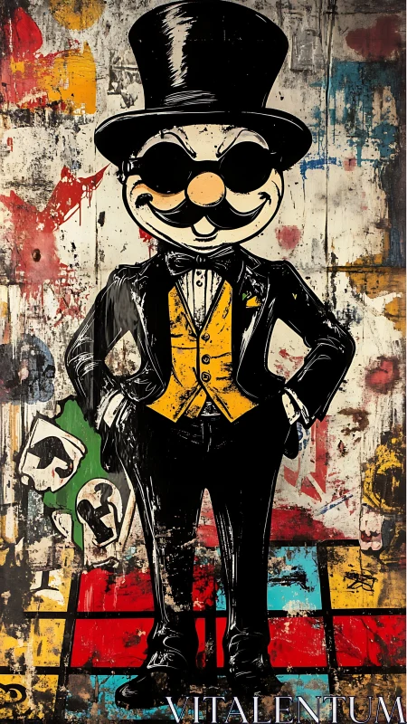 Dapper cartoon tycoon stands on distressed urban grid.