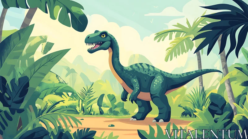 Cartoon theropod dinosaur in stylized tropical jungle clearing