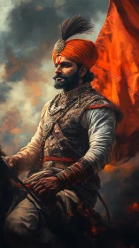 Regal warrior riding beneath a storm-bright saffron flag.